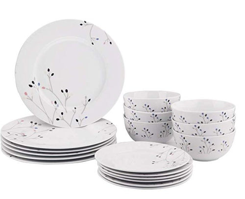 AmazonBasics 18-Piece Kitchen Dinnerware Set, Dishes, Bowls, Service for 6