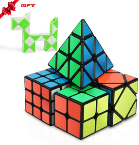 Speed Cube Set, INTEGEAR Magic Cube Bundle 2x2 3x3 Pyramid and Skewb Cube Set with a Bonus Snake Ruler Twist [4 Pack] + [ 1 Bonus Pack]
